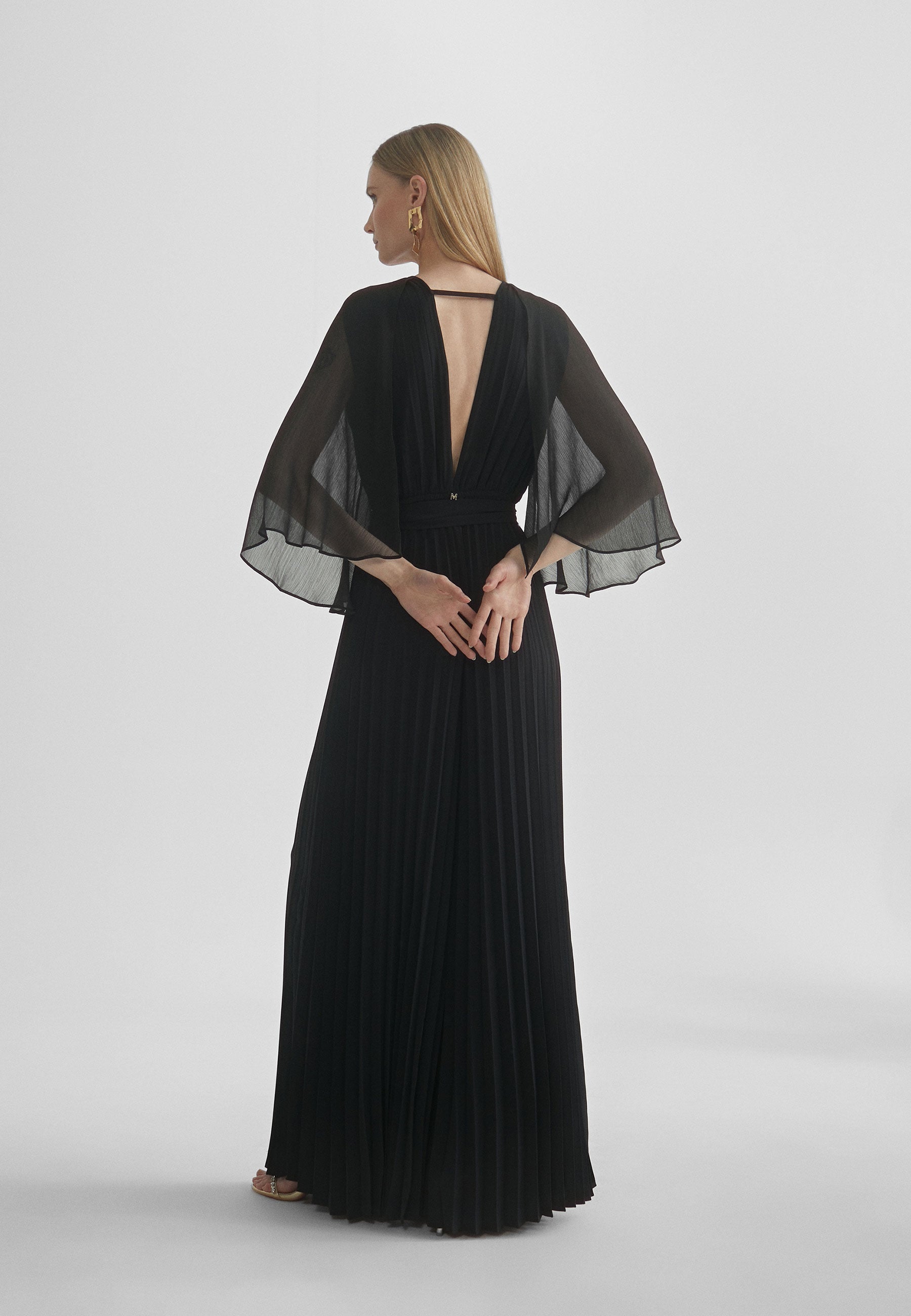 MS2416027-Black-Pleated jumpsuit with cape sleeves