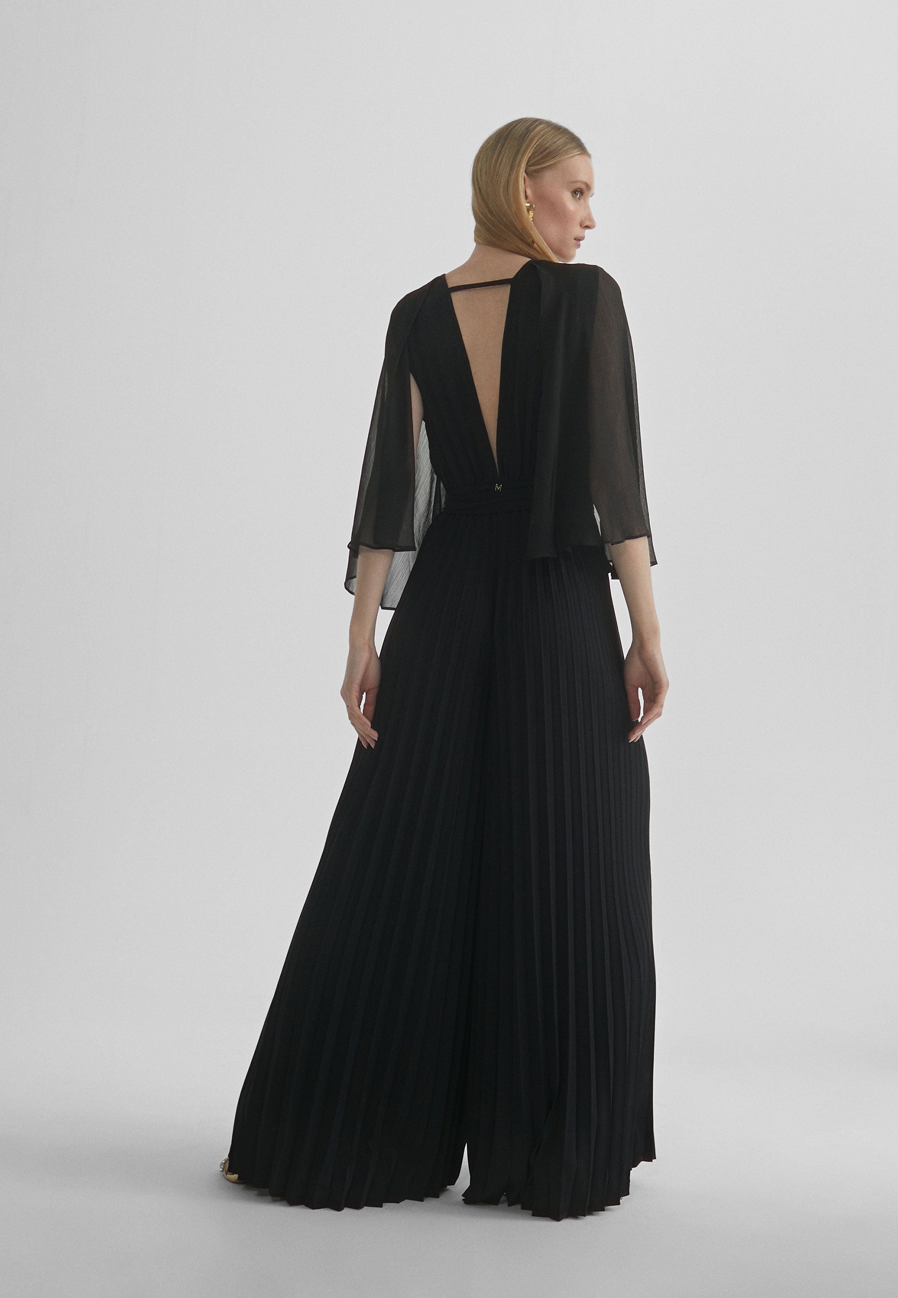 MS2416027-Black-Pleated jumpsuit with cape sleeves