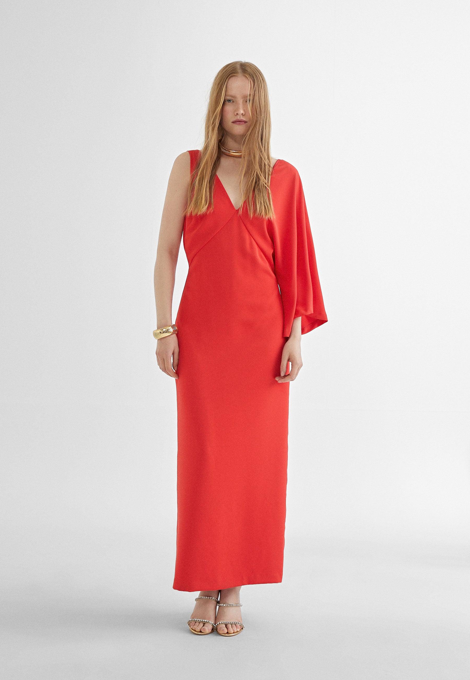 MS2416036-Red-Long dress with asymmetric sleeves