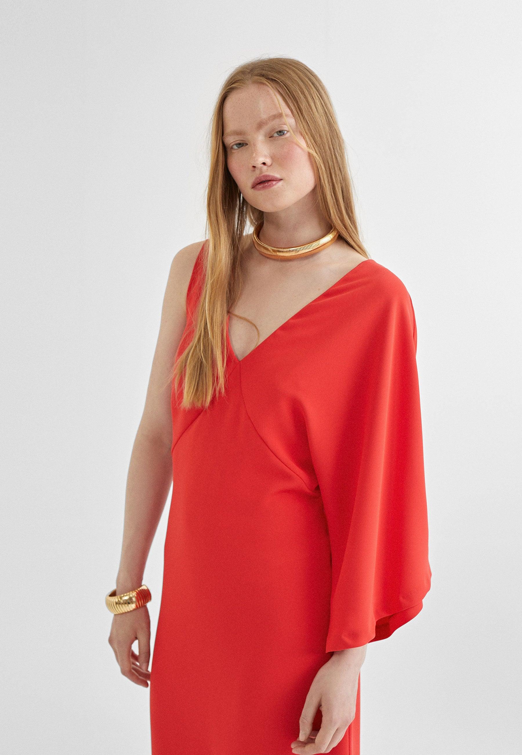 MS2416036-Red-Long dress with asymmetric sleeves